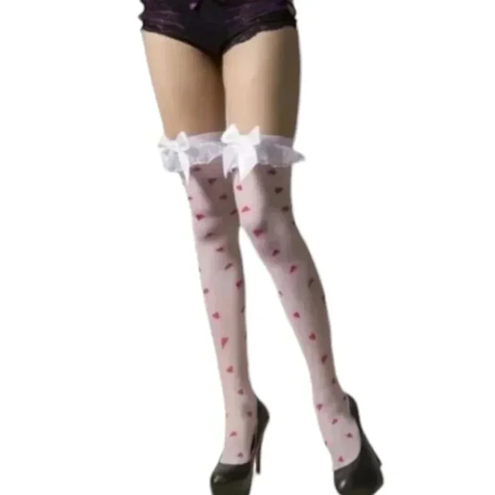 White Bow Thigh High Hearts detail white stocking for dress up, halloween, fun